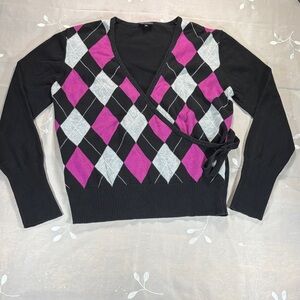 Nass Women's Argyle Knit Faux Wrap Sweater - Black, Pink, Gray Sz L Collegiate